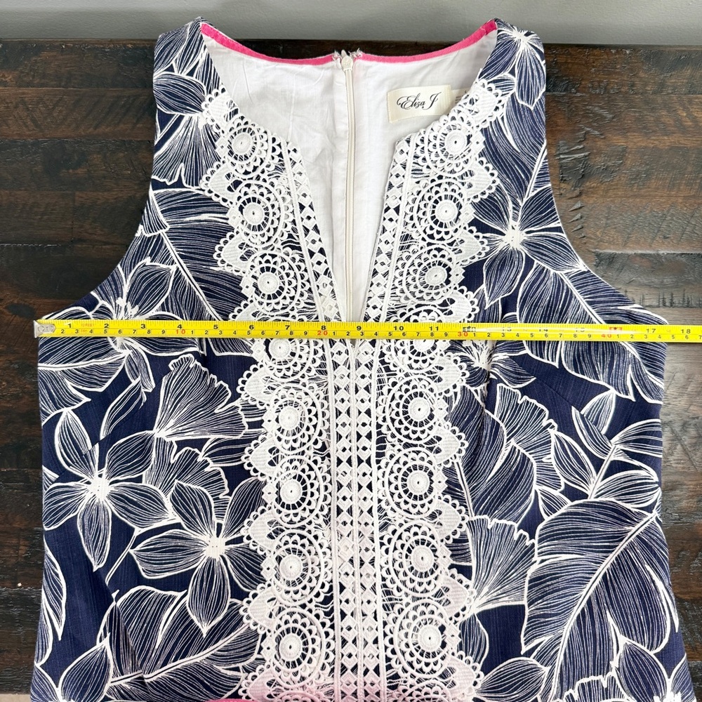 Eliza J Floral Sheath Dress Overlay Split V-Neck Navy Pink Size 6 - Picture 10 of 11